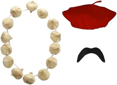 French Costume Set |  3-Piece Beret, Moustache & Onion Garland