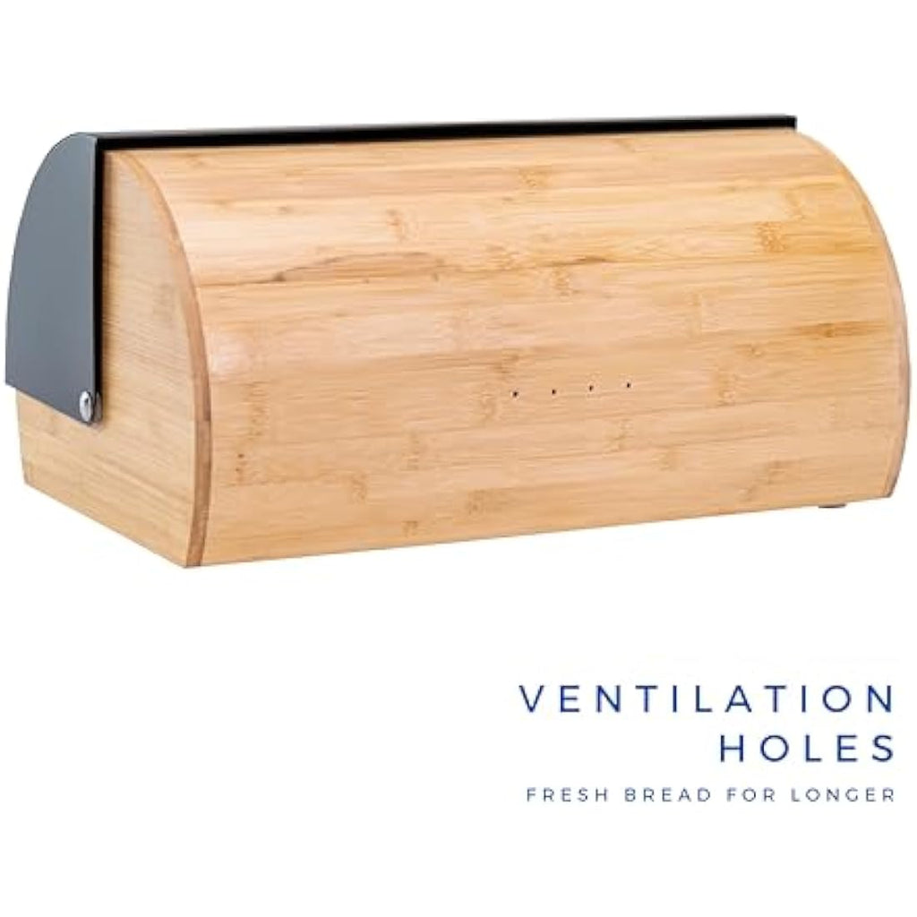 Erreke Matte Black Steel and Bamboo Roll Top Bread Bin – Large Storage