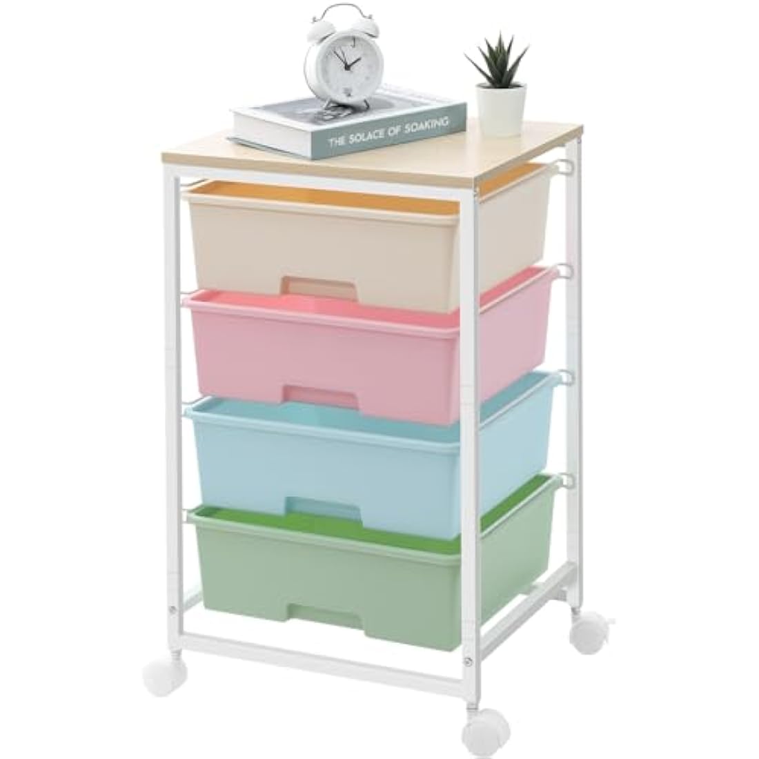 SYKIARIOL 4-Drawer Rolling Storage Cart | Mobile Utility Trolley with Wood Top