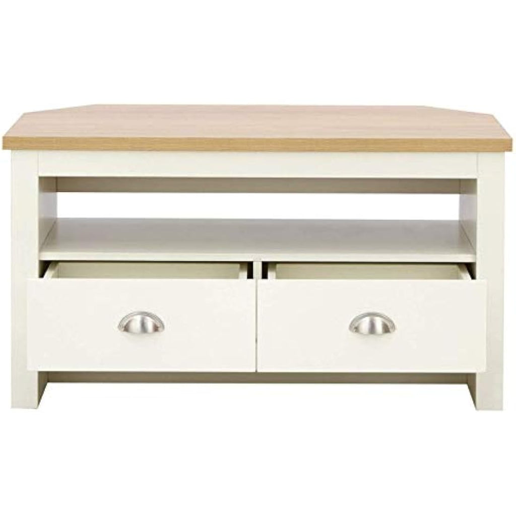 GFW Lancaster Corner TV Unit – Cream Wood Cabinet with 2 Drawers
