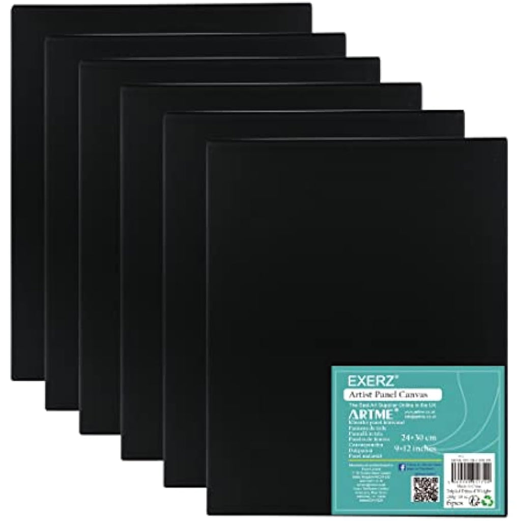 Exerz Black Canvas Panels – 24x30cm 100% Cotton Artist Boards, 6-Pack