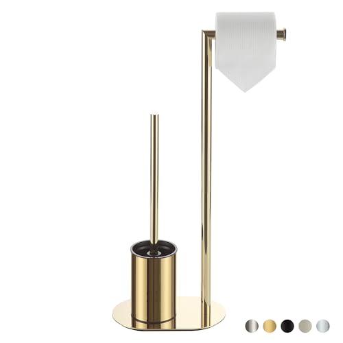BVL Gold Toilet Roll Holder | Stainless Steel Standing Brush Set