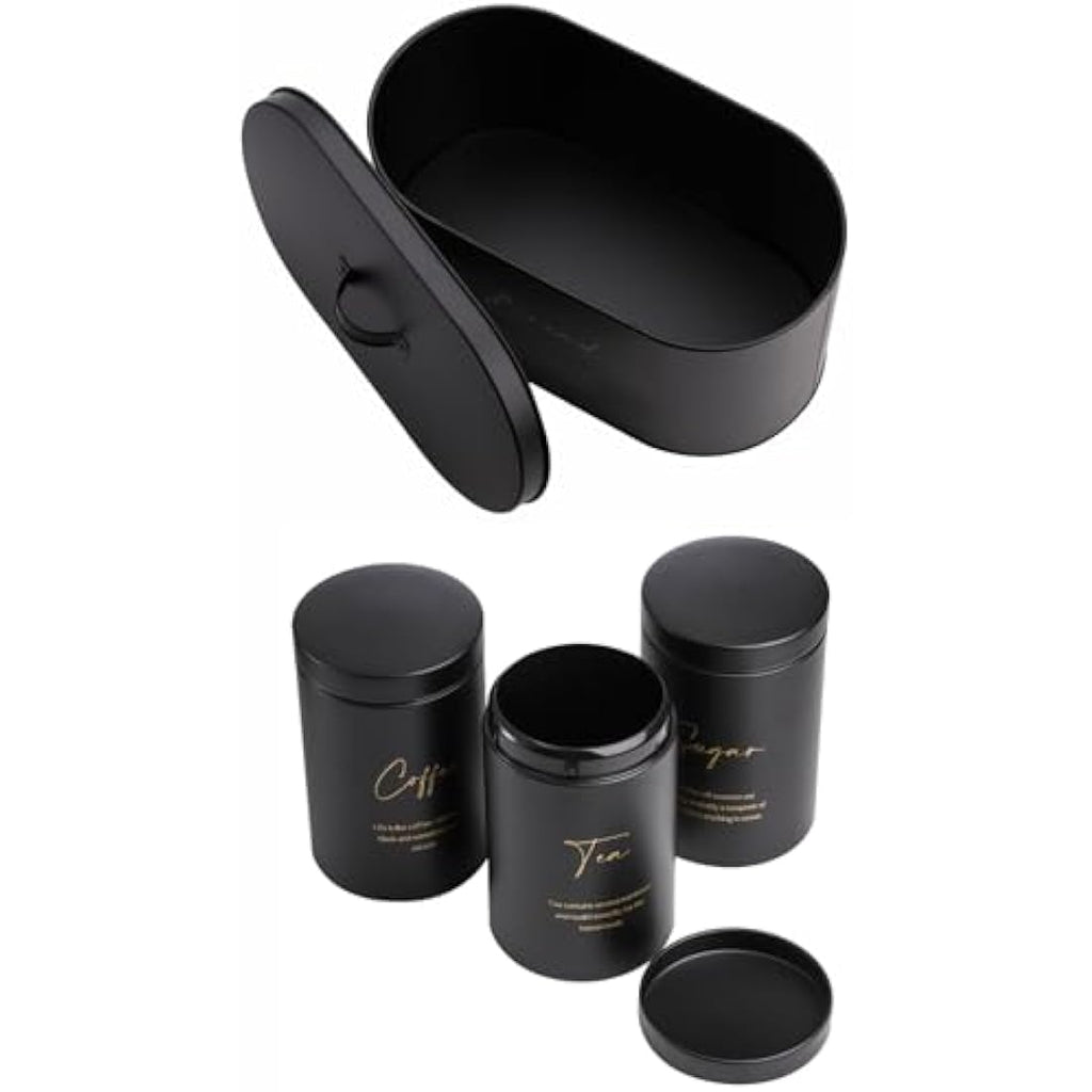 Hacaroa 4-Piece Metal Bread Box and Canister Set – Black & Gold Kitchen Storage