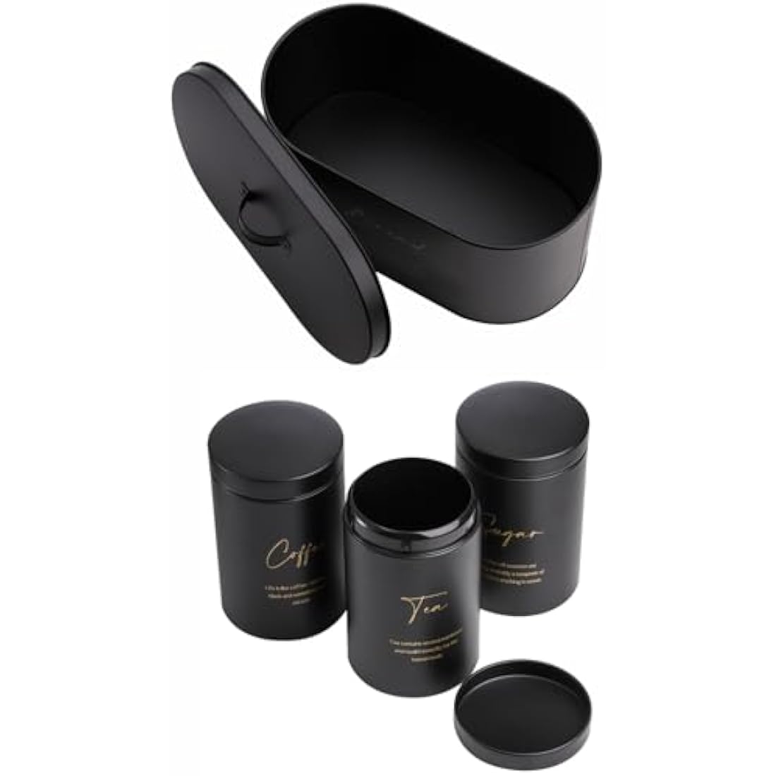Hacaroa 4-Piece Metal Bread Box and Canister Set – Black & Gold Kitchen Storage