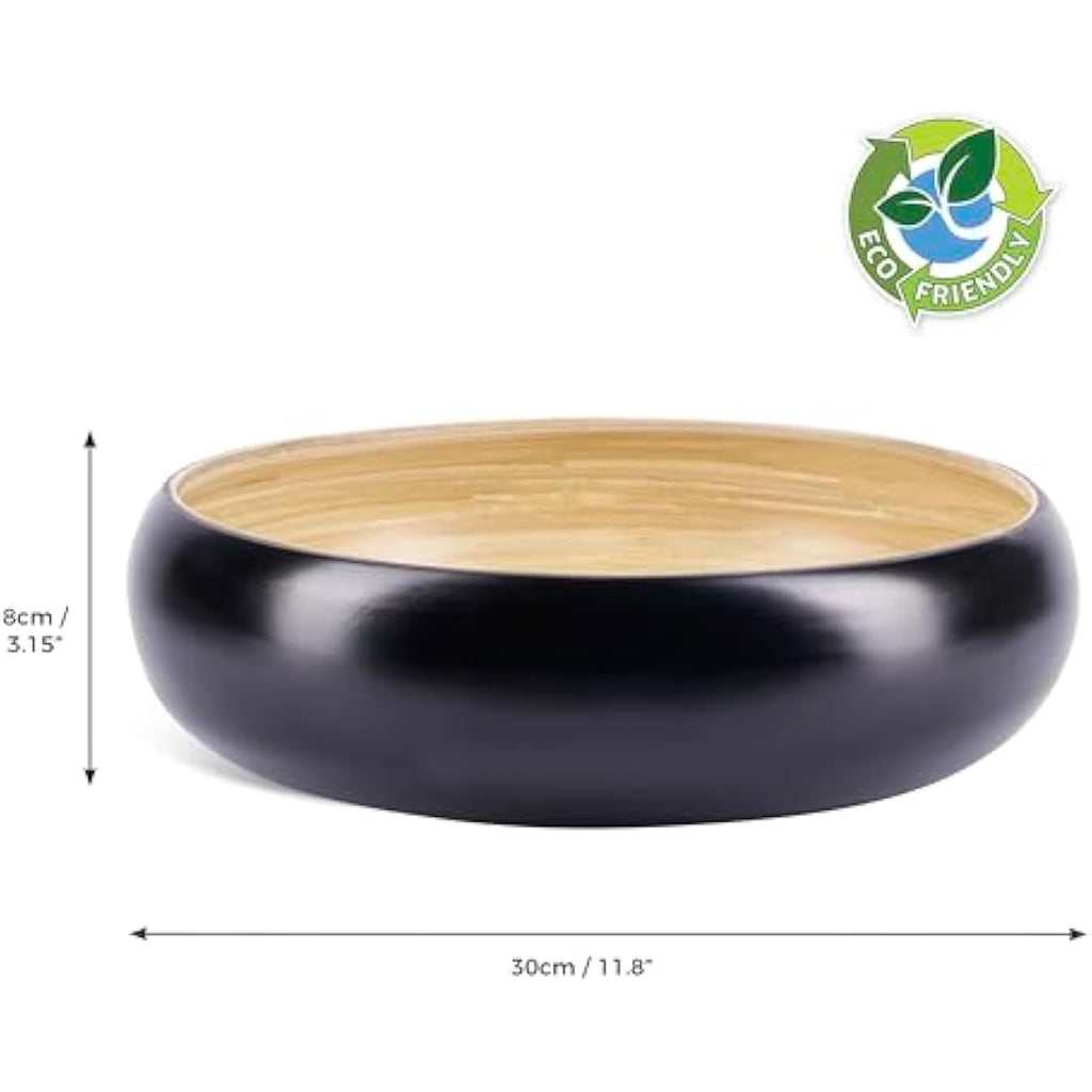 Dehaus Large 30cm Bamboo Fruit Bowl | Black Wooden Salad Serving Bowl