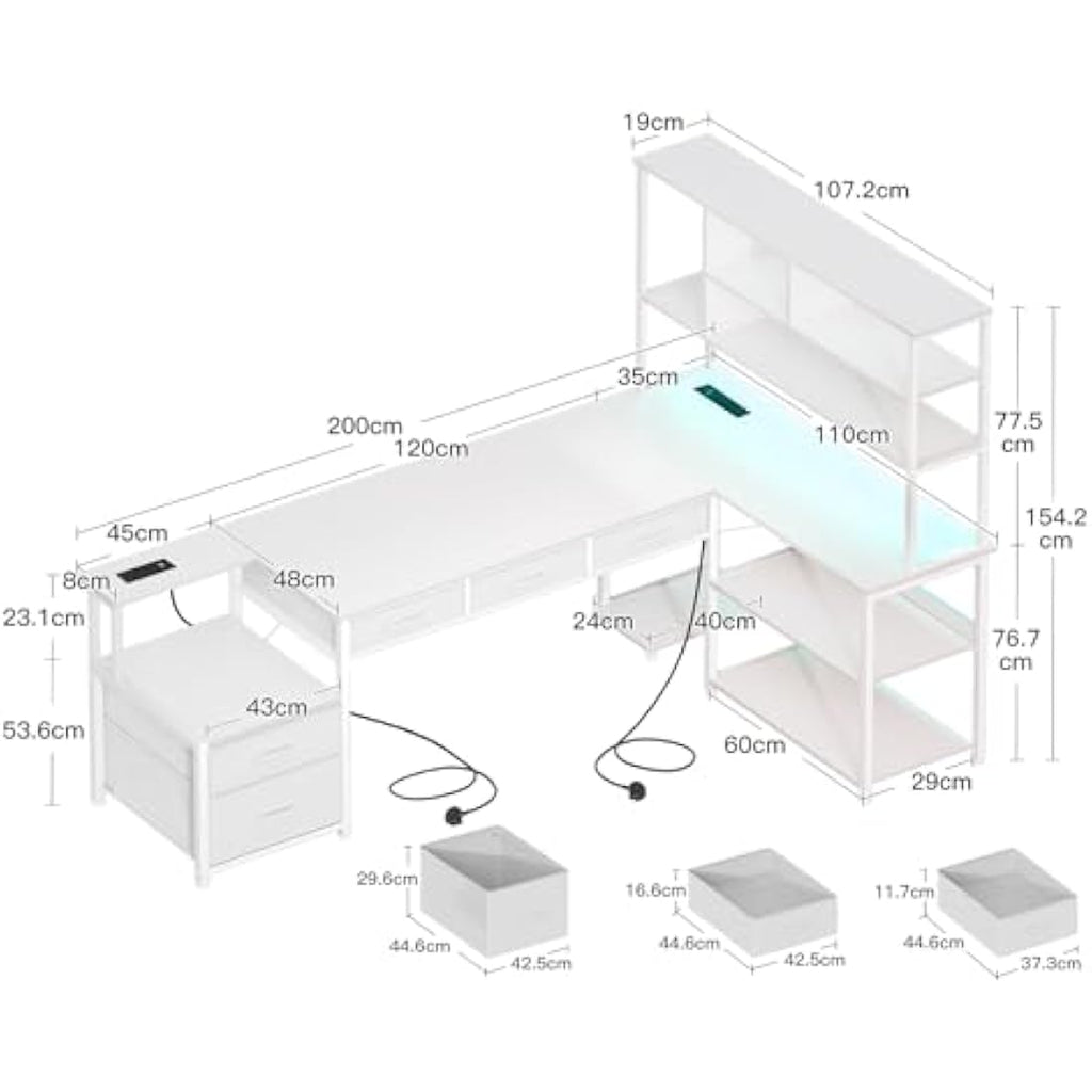 Coleshome L-Shaped Desk with Drawers, LED Lights & Power Outlets - White