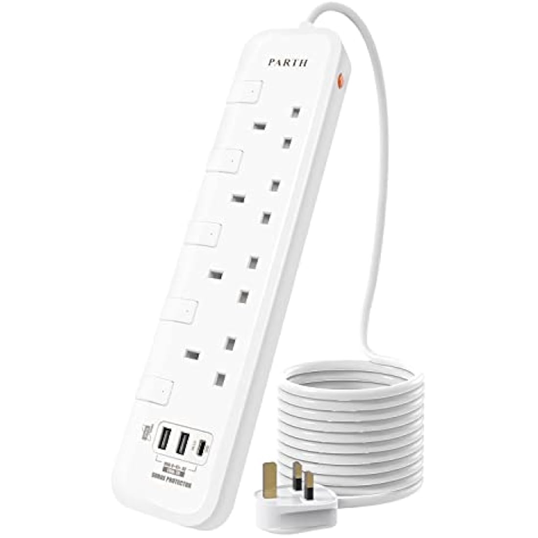 PARTH 5M Extension Lead | 4 Way Surge Protected Power Strip with USB-C