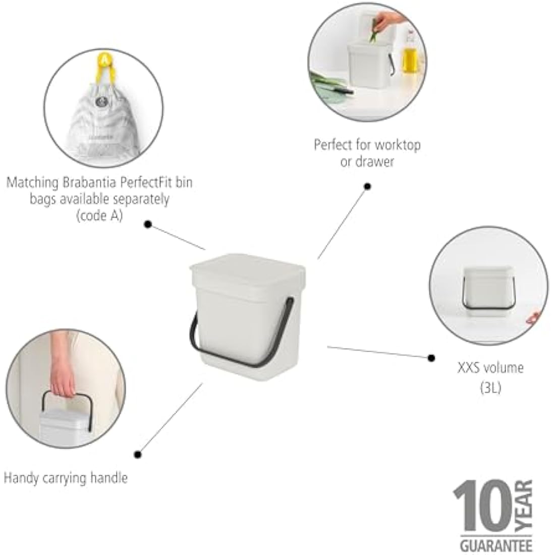 Brabantia Sort & Go 3L Food Waste Caddy – Light Grey Recycling Bin