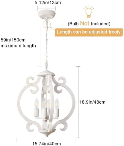LynPon 4-Light White Farmhouse Chandelier | Rustic French Wood Pendant