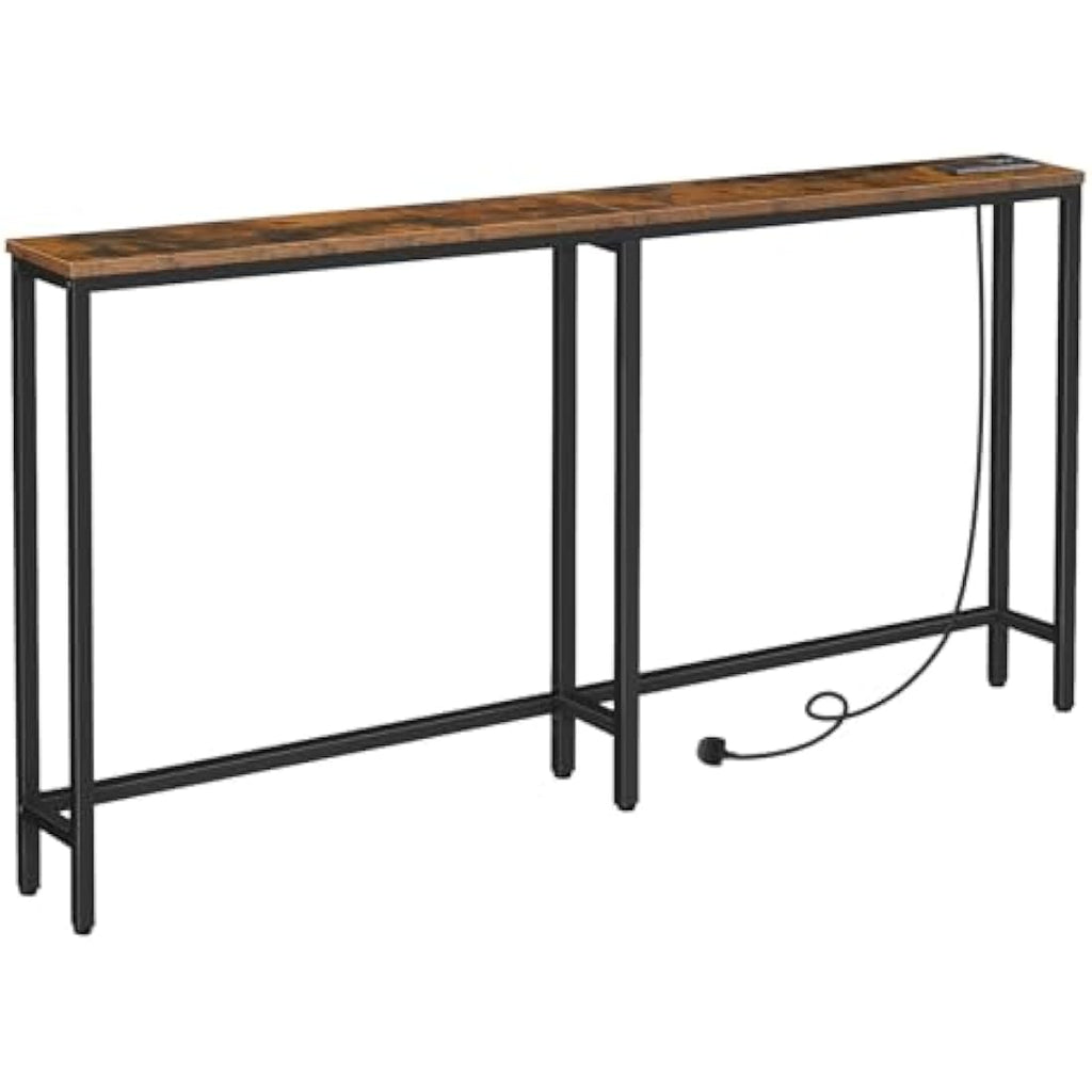 HOOBRO 160cm Narrow Console Table with Charging Station | Rustic Brown