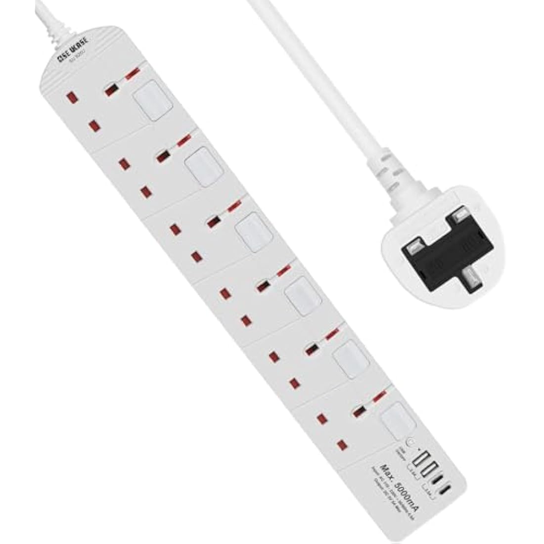 SE UKASE 6 Way Extension Lead with USB & Type C | 2M Wall Mount Power Strip