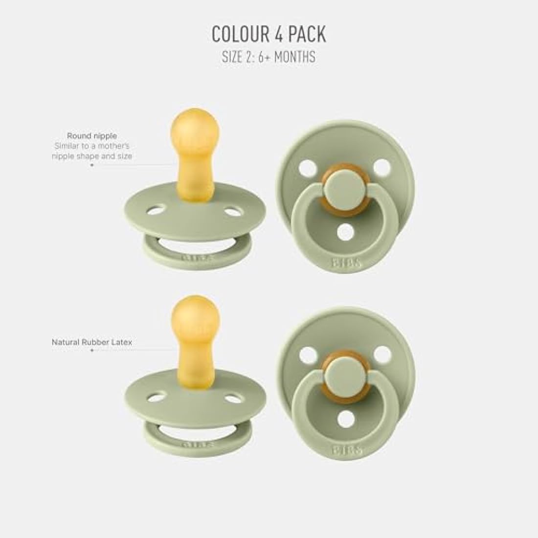 BIBS Colour Pacifier 4-Pack | Natural Rubber Latex Soothers | Size 2 Sage