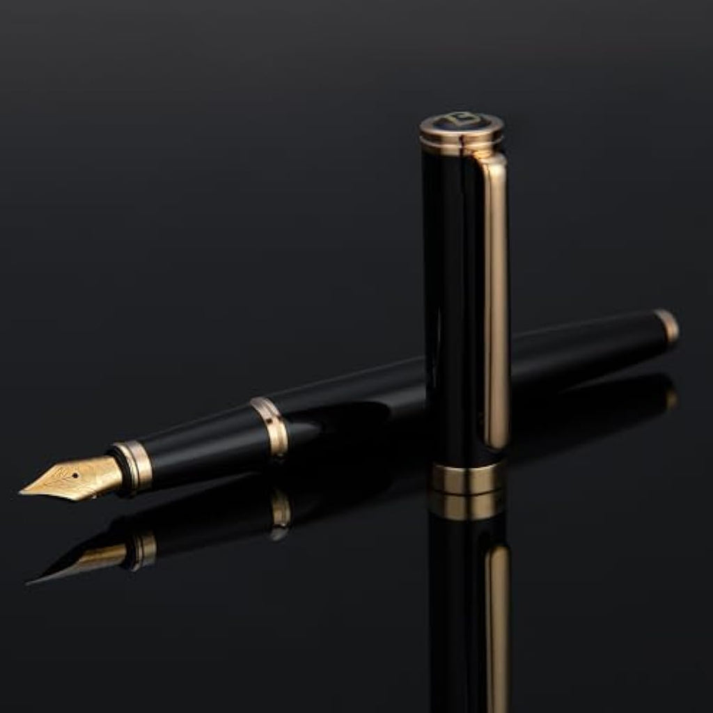Luxury Black Fountain Pen – 24K Gold Gilded Fine Nib