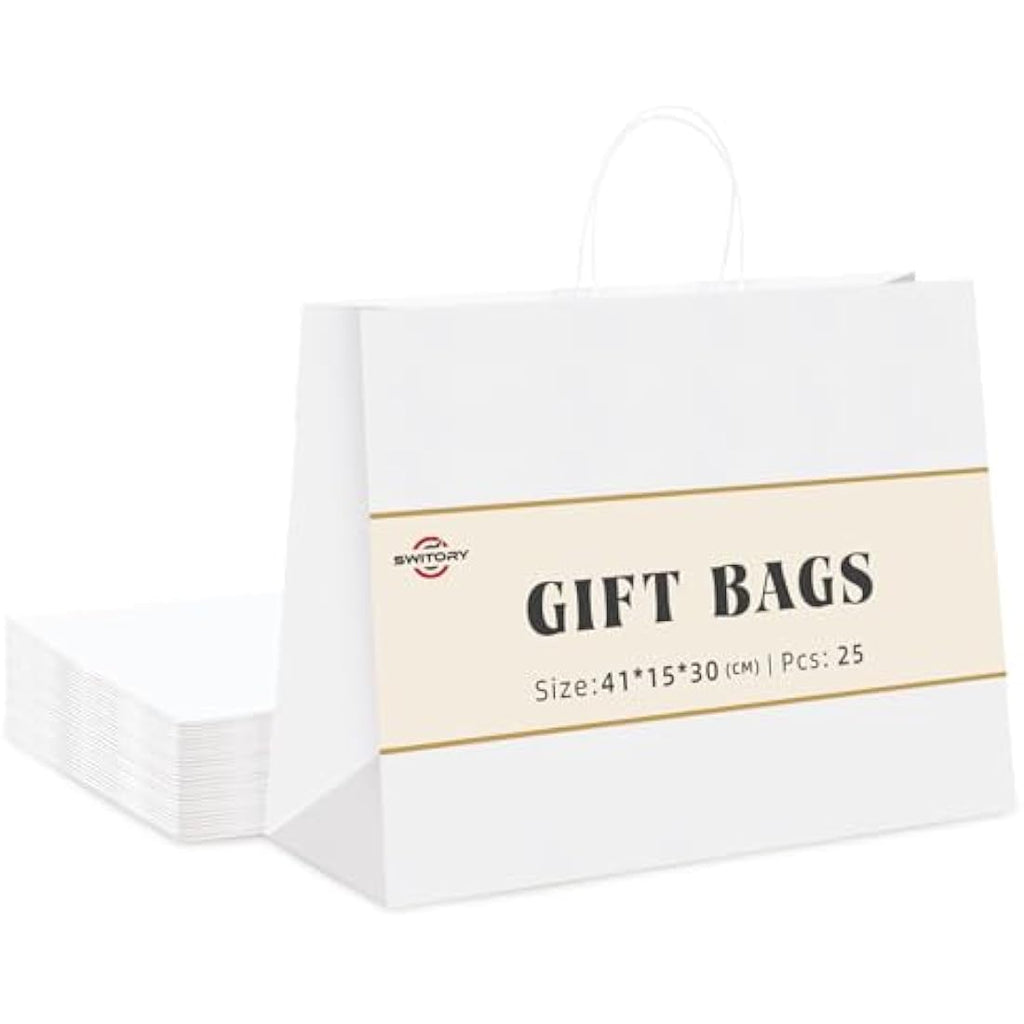 Switory White Kraft Paper Gift Bags with Handles, 16x6x12 Inch, 25 Pcs
