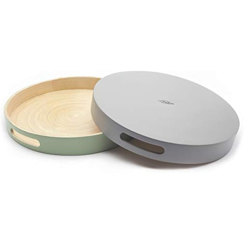 Dehaus Large Round Bamboo Serving Tray with Handles – Grey Wooden Lap Tray