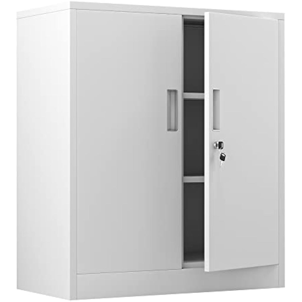 iJINGUR Metal Storage Cabinet | Locking 2-Shelf Small Office Cupboard, White