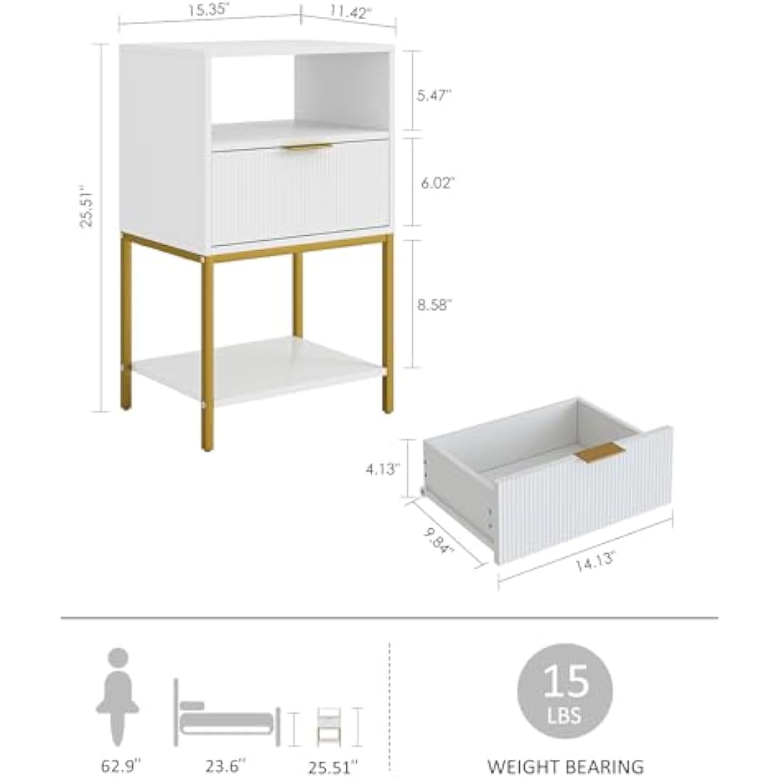 HEYZOEY White Fluted Nightstand – Tall Bedside Table with Gold Frame