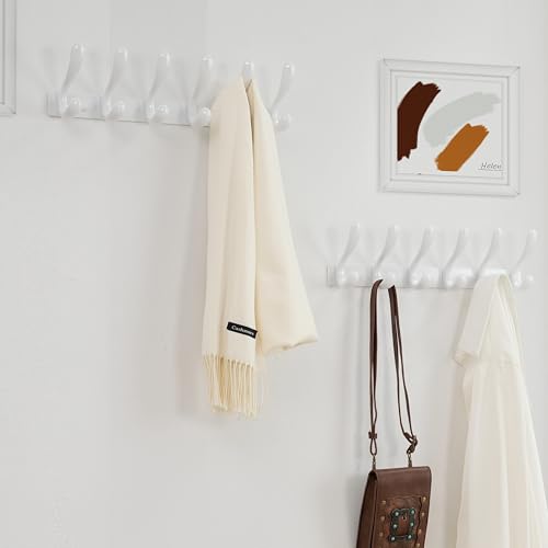 HONSKY Metal Wall Mounted Coat Rack – Heavy Duty 6 Double Hooks, White, 2 Pack