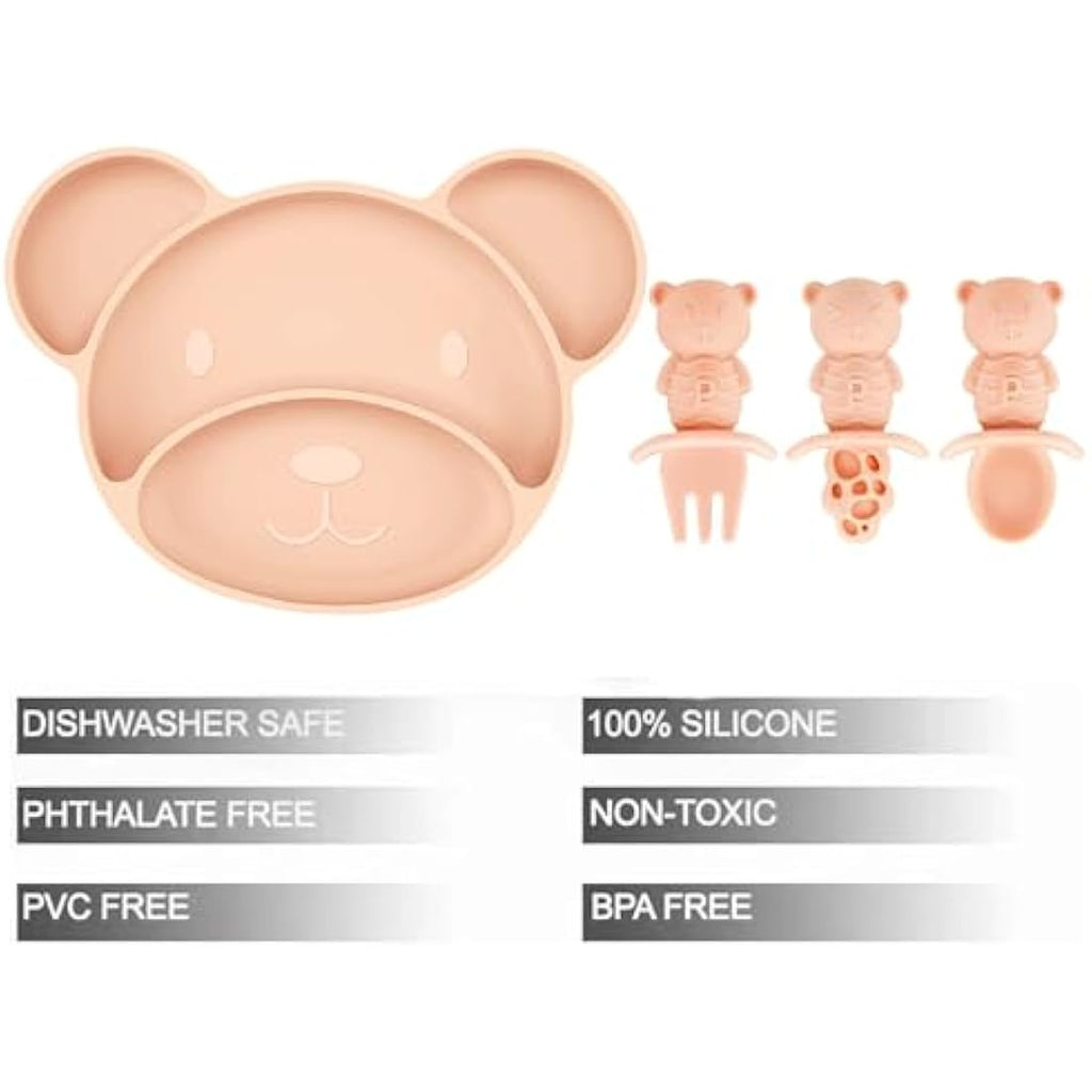 PandaEar Silicone Suction Plate and Utensils Set – Bear Shape Pink