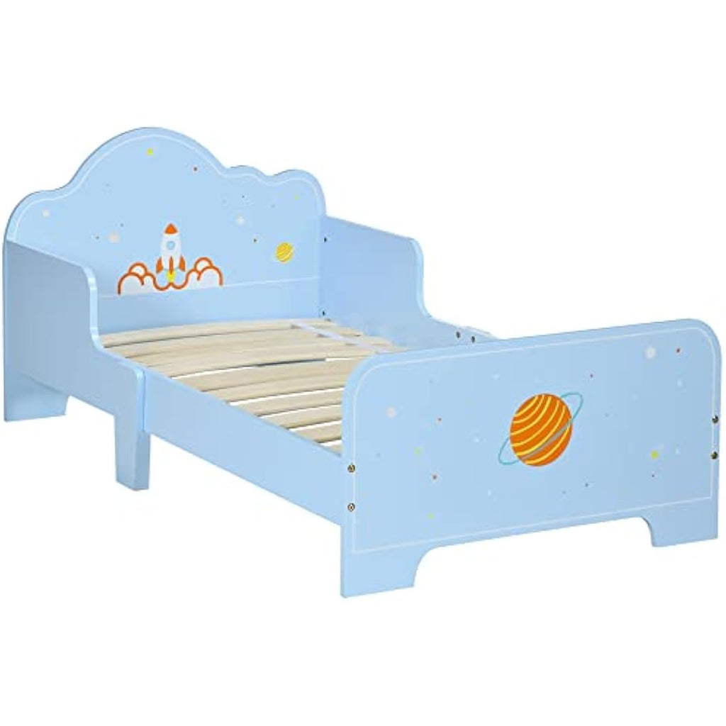 ZONEKIZ Kids Toddler Bed | Space Theme Blue Bed with Safety Rails