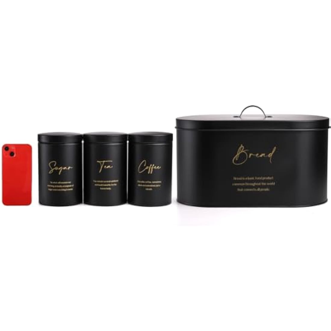 Hacaroa 4-Piece Metal Bread Box and Canister Set – Black & Gold Kitchen Storage