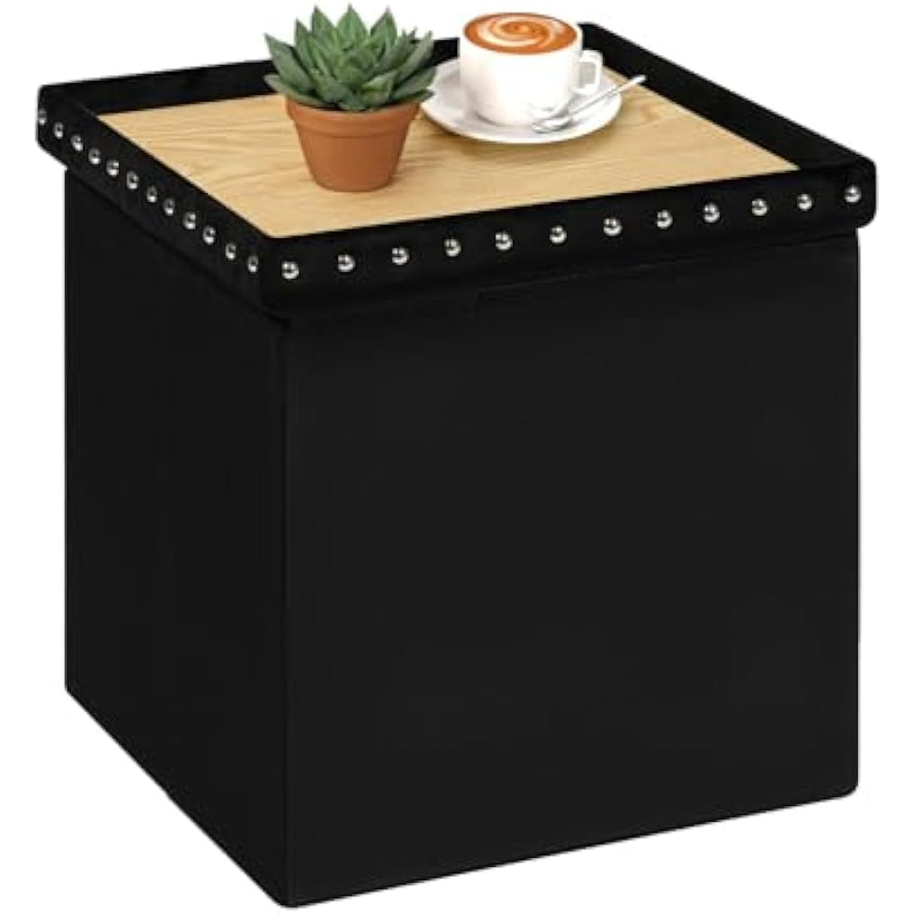 Bonlife Velvet Storage Ottoman | Folding Footstool & Coffee Table - Black