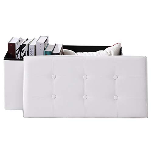 BRIAN & DANY Folding Storage Ottoman | Faux Leather Bench - White