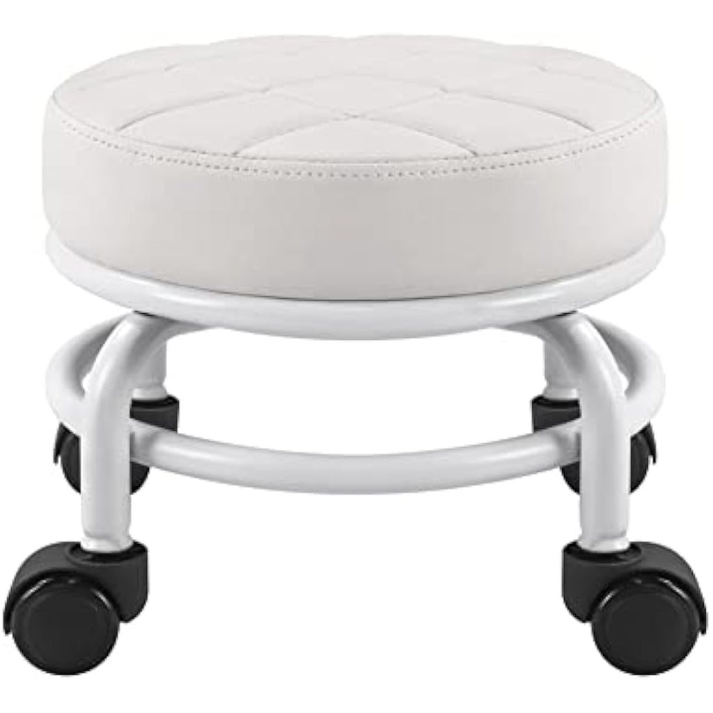 FURWOO Low Rolling Stool - PU Leather Round Swivel Seat with Wheels, White