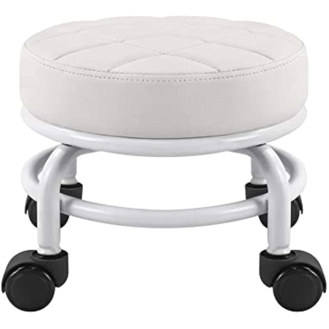 FURWOO Low Rolling Stool - PU Leather Round Swivel Seat with Wheels, White