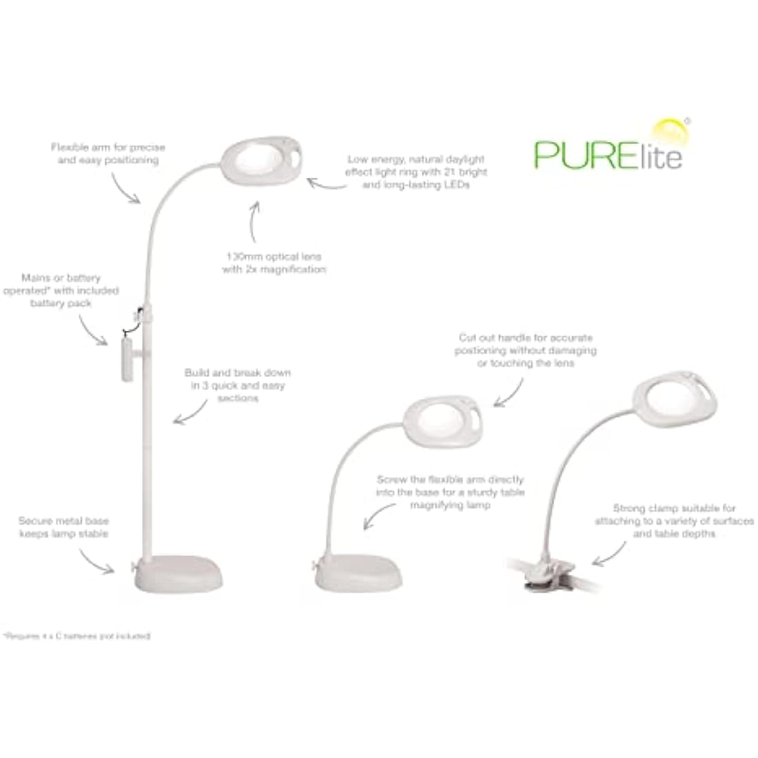 PURElite 3-in-1 LED Magnifying Floor Lamp | 2x Magnifier & Flexi Neck