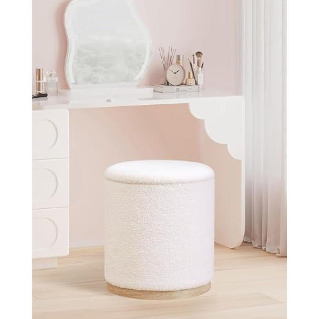 Bonlife Round White Boucle Storage Ottoman Set of 2 – Vanity Stool