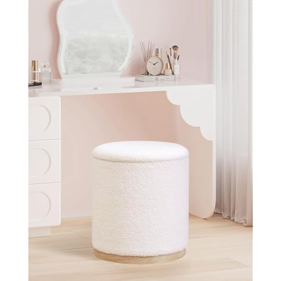 Bonlife Round White Boucle Storage Ottoman Set of 2 – Vanity Stool