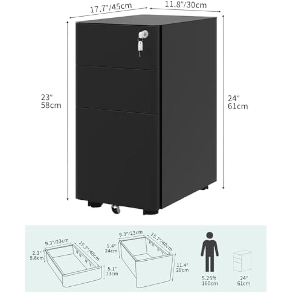 YITAHOME 3-Drawer Mobile Filing Cabinet | Lockable Steel Office Pedestal