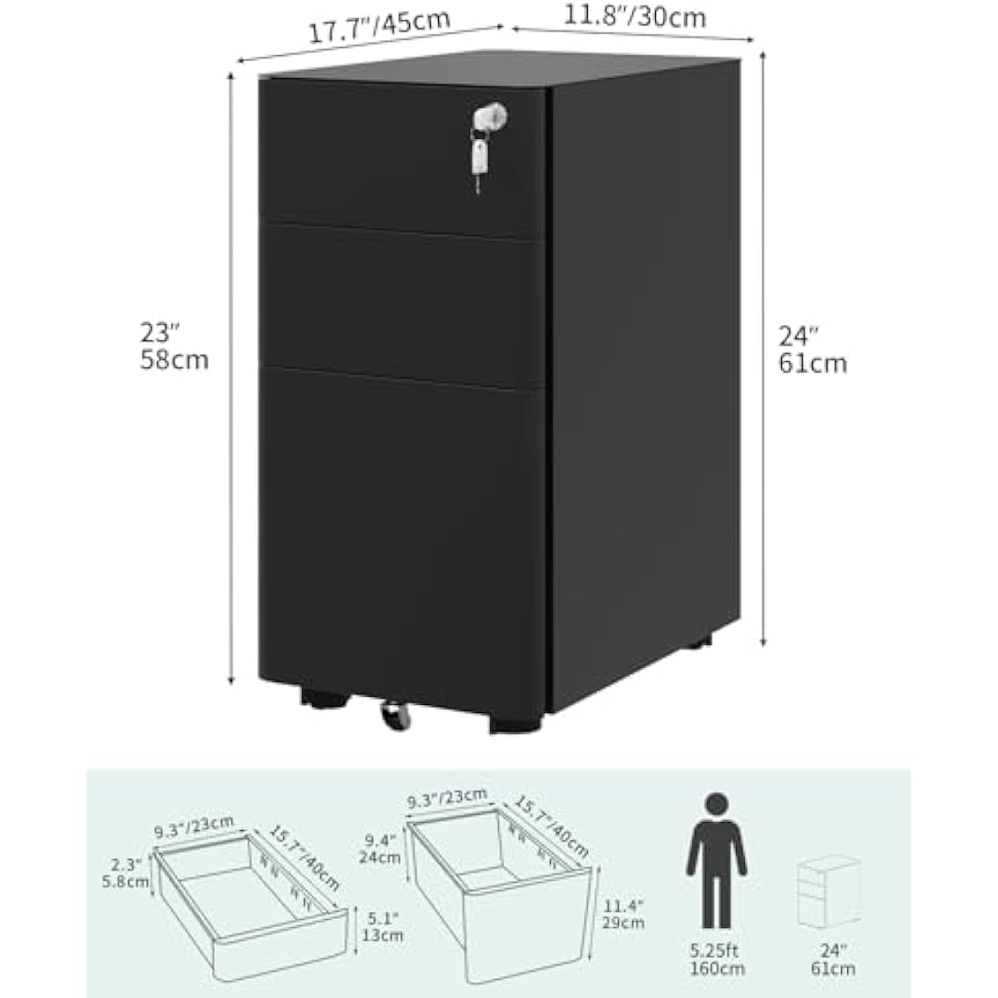 YITAHOME 3-Drawer Mobile Filing Cabinet | Lockable Steel Office Pedestal