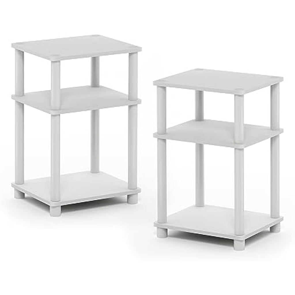 Furinno 3-Tier Turn-N-Tube End Table 2-Pack | White Wood & Plastic