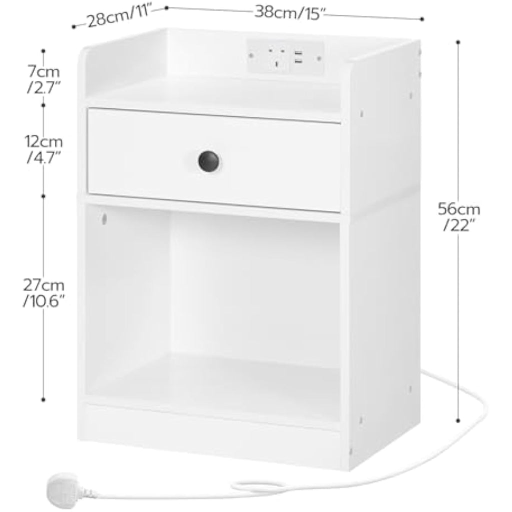 HOOBRO White Bedside Table with Charging Station and Drawer