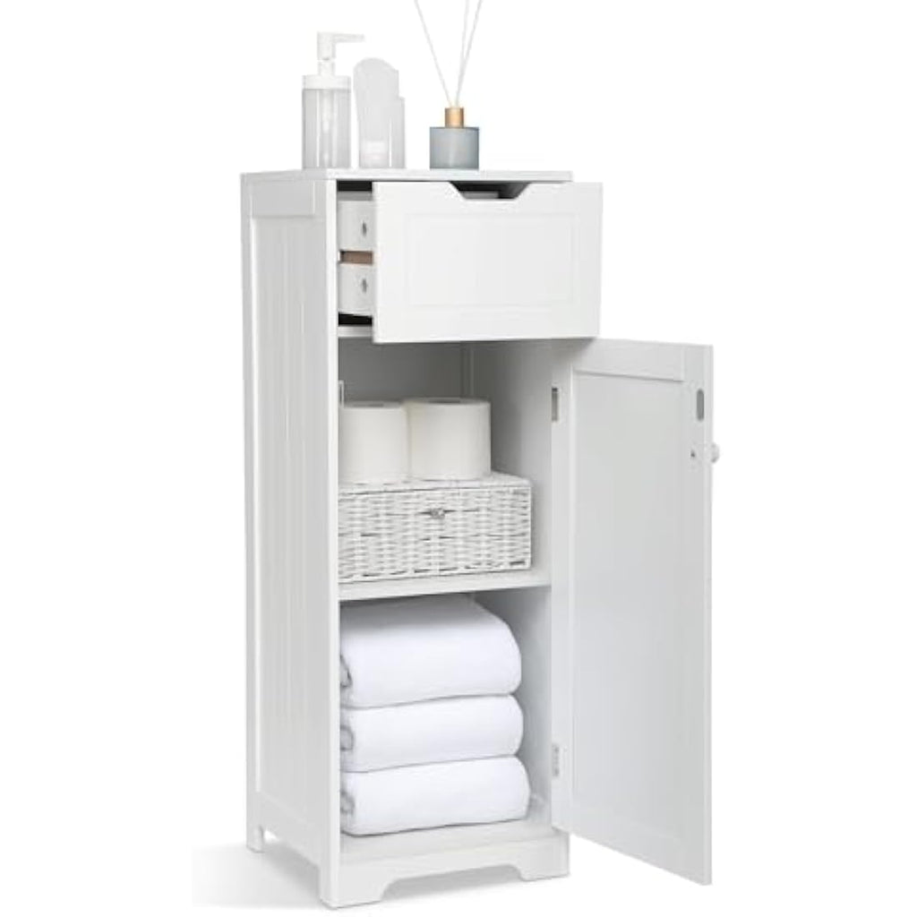 Jolof Store White MDF Bathroom Floor Cabinet with Drawer and Shelves