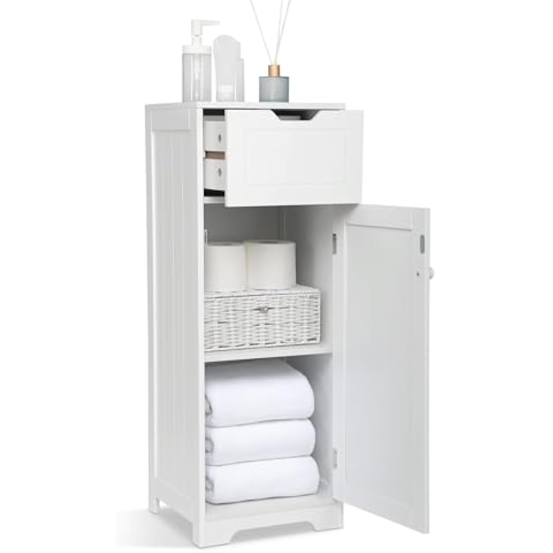 Jolof Store White MDF Bathroom Floor Cabinet with Drawer and Shelves