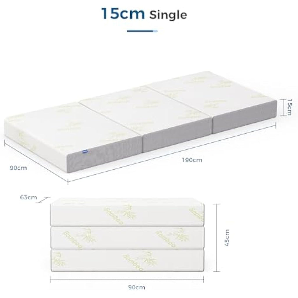 Inofia Single Folding Mattress - 15cm Trifold Gel Memory Foam Guest Bed