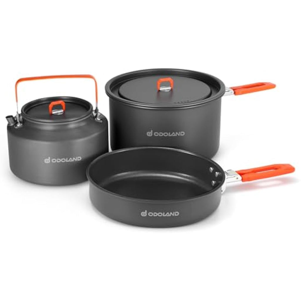 Odoland Camping Cookware Mess Kit – Anodized Aluminum Pot, Pan & Kettle