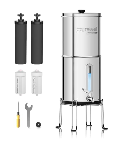 Purewell 8.5L Gravity Water Filter - Stainless Steel with Fluoride Filters