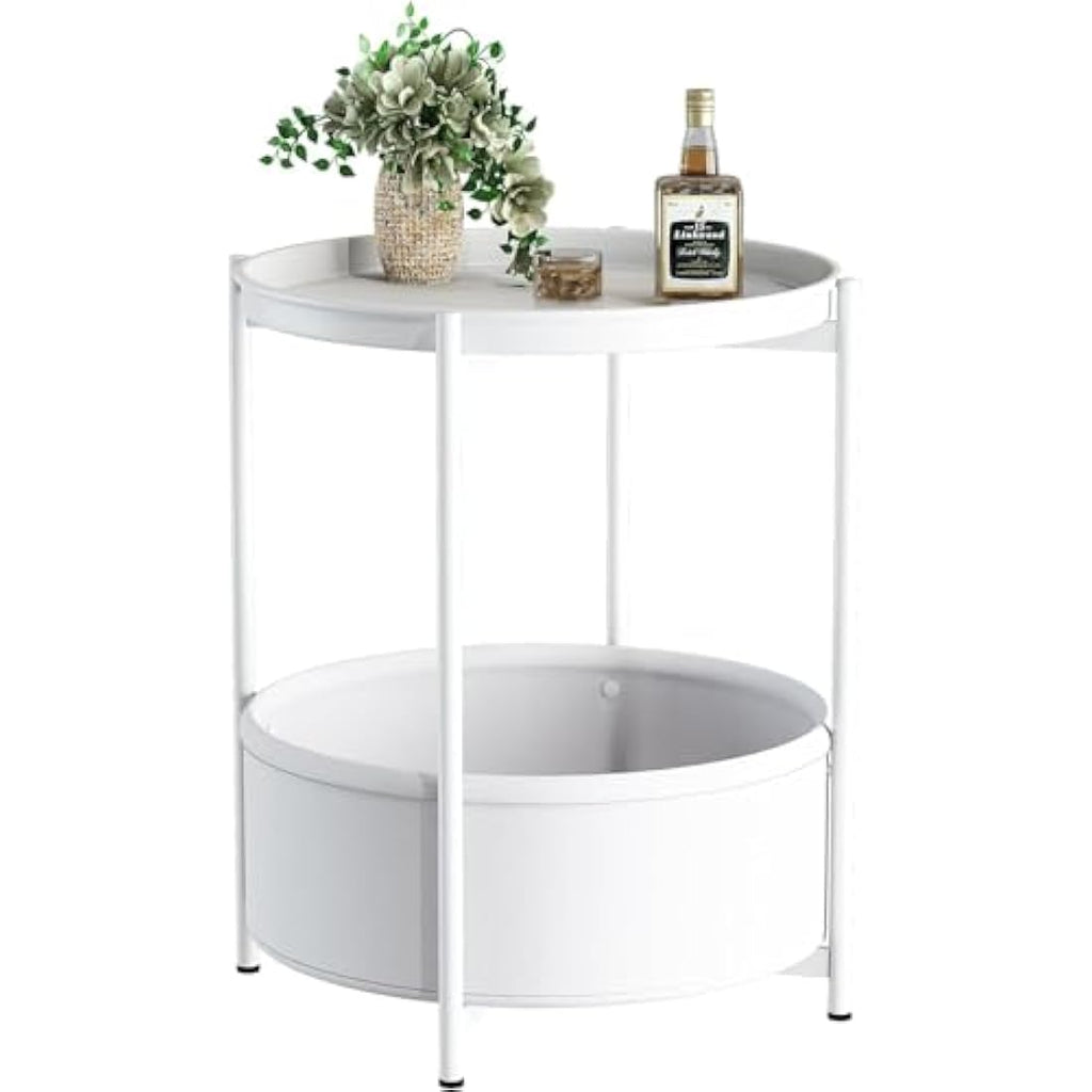 Round End Table with Storage Basket and Removable Tray – White