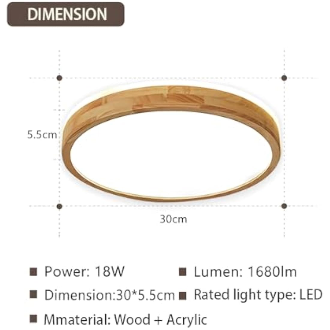 WayLuoung Round Wooden LED Ceiling Light – 18W 3000K Warm White 30cm