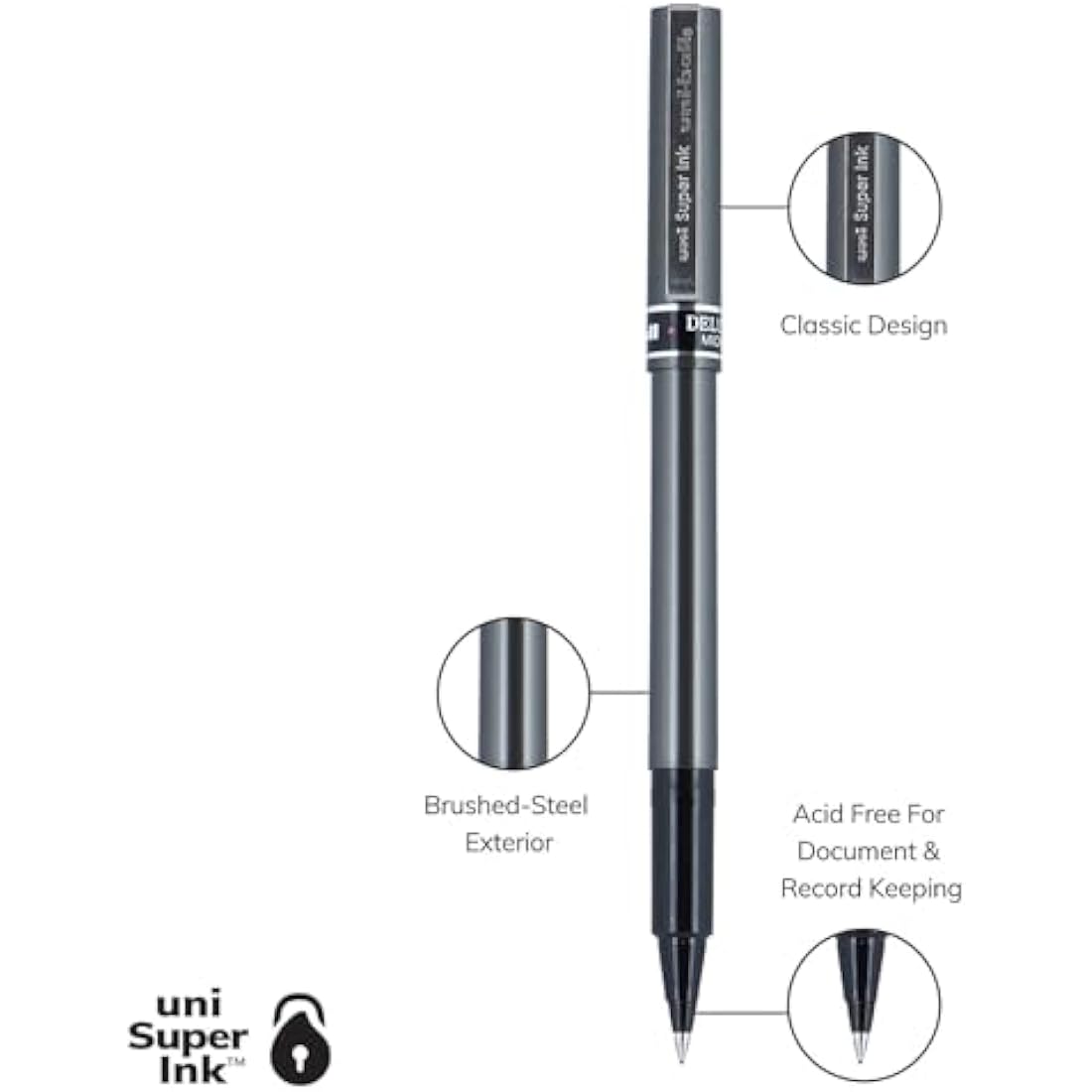 Uni-ball Deluxe Rollerball Pen - Micro Point, Black Waterproof Ink, 12-Pack