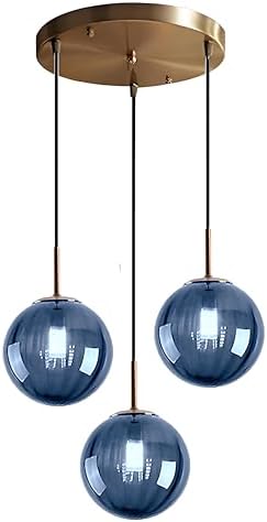 3-Light Brass Pendant Light | Blue Striped Glass Globe
