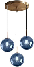 3-Light Brass Pendant Light | Blue Striped Glass Globe