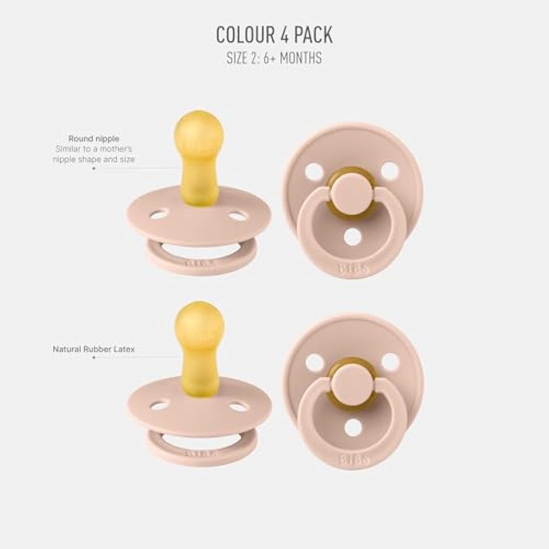 BIBS Colour Pacifier 4-Pack | Natural Rubber Latex Soothers | Blush