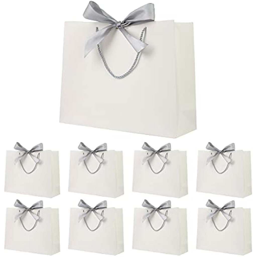 White Paper Gift Bags with Silver Bow Ribbon - 8 Pack