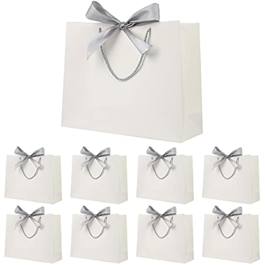 White Paper Gift Bags with Silver Bow Ribbon - 8 Pack