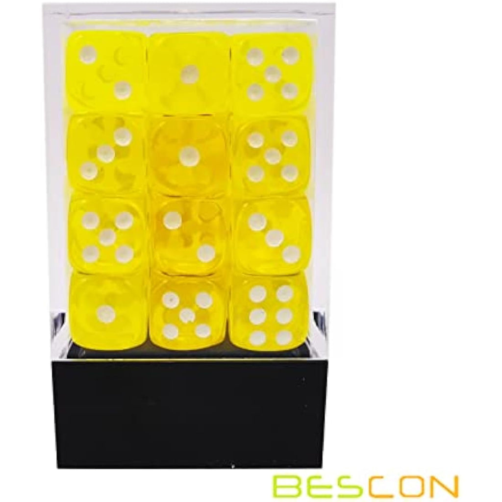 Bescon 12mm D6 Dice Set - 36 Translucent Yellow Six Sided Dice with Box